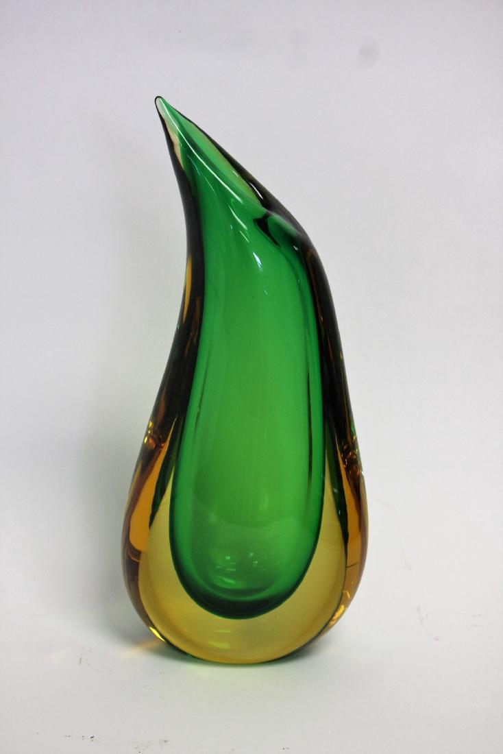 Luigi Onesto Italian Murano Art Glass Vase Signed: Italian art glass vase. Green and amber. Teardrop form. Artist signed; 16in.H. x 7in.W.