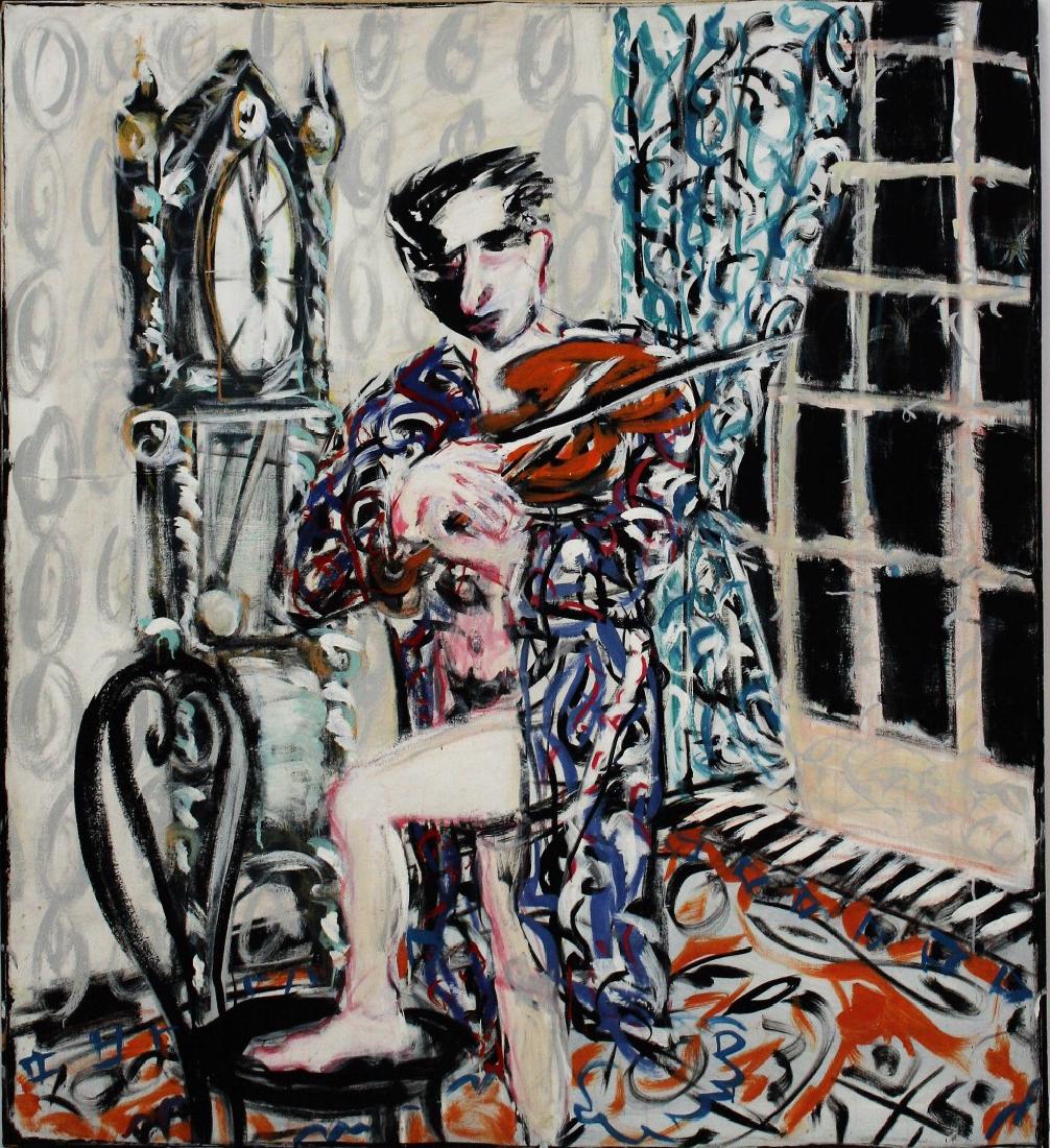 20thC. Modernist Oil - Violin Player: Oil on canvas. Violin Player. Signed illegibly on reverse; 60in. X 54in.