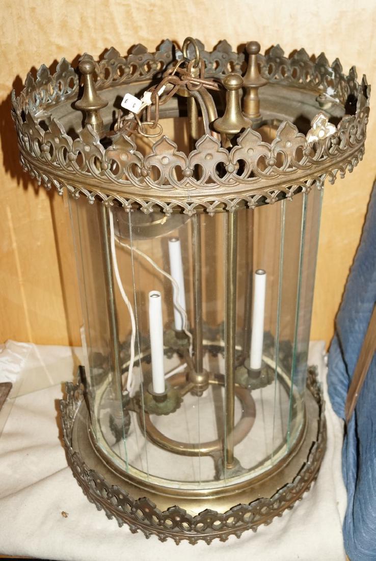 Ornate Brass and Glass Hanging Fixture: Gothic Design. 29" Fixture. 43" drop from the ceiling cup. 20"D.