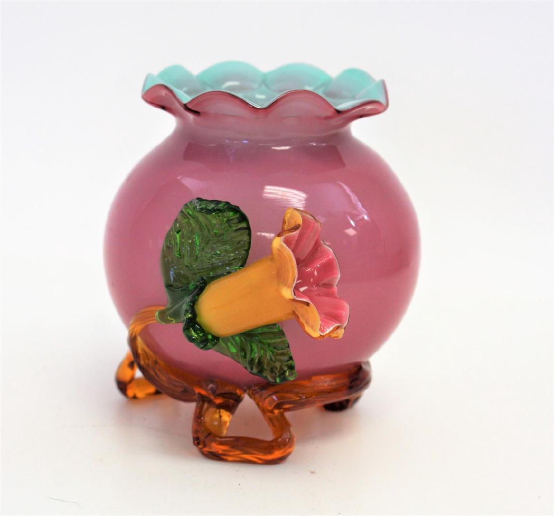 Stevens & Williams Cased Glass Vase: Cased glass vase. Applied glass flower and leaf decoration; 4.5in.H. x 3.75in.W.