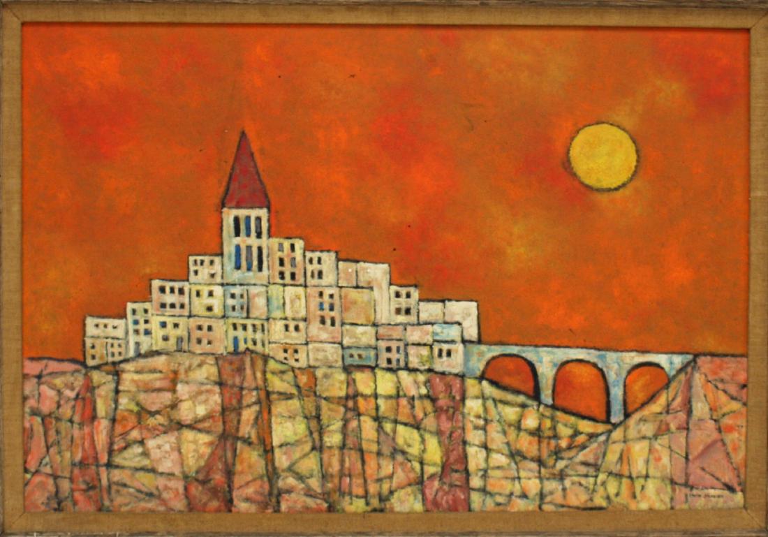 David Shapiro; 20thC. Oil Painting Signed: Oil on board. Hilltown #3. Signed l.r. Having Milch Gallery, NY label affixed to reverse; 20in. X 30in.