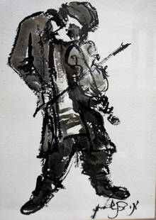 Moishe Bernstein; 20thC. Israeli Gouache Signed: Gouache on paper. Fiddler. Signed; 19in. X 13.5in.(image size)