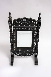 Chinese Inlaid Teakwood Boudoir Mirror: Carved teakwood table mirror. Mother of pearl inlay; 14in.H. x 7.25in.W.