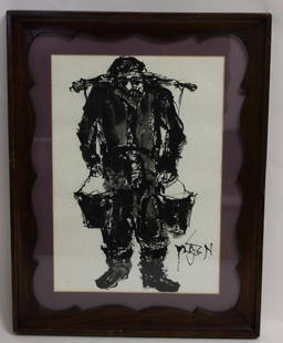 Moishe Bernstein; 20thC. Israeli Gouache Signed: Watercolor and gouache on paper. Crier.Signed; 13in. X 9in.(image size)