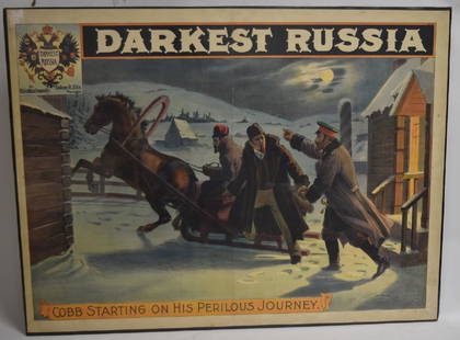 19thC. Russian Lithographed Poster: Lithographed poster. Darket Russia. Cobb Starting on His Perilous Journey. The Strobridge Litho Company, NY; 29.5in. X 39in.