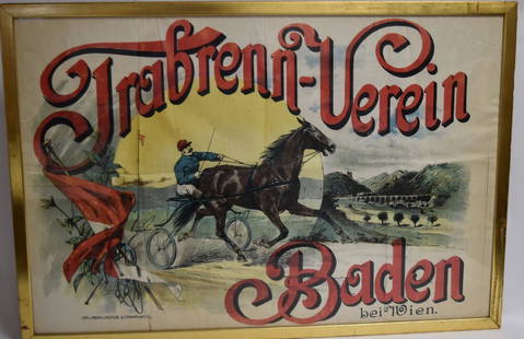 19thC. German Lithographed Poster: Trabrenn-Verein Baden bei Wein. Litho. U. Druckv. Haufler & Lehmann, Wein, 11 1/2; 24.5in. X 36.5in.