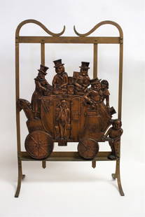 Victorian Cast Iron Figural Fireplace Screen: Cast iron and metal figural fireplace screen. Depicting Dickens characters and coach. Marked on reverse, Banksway - applied for R-531; 25.5in.H. x 16in.W. x 8.25in.D.