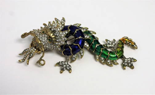 Fancy Costume Dragon Brooch: Costume brooch.Dragon form. Enameled and rhinestone inlay; 7in.L.
