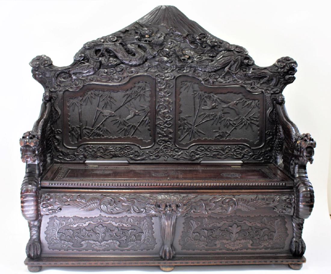 19thC. Chinese Heavily Carved Rosewood Hall Bench (1 of 14)