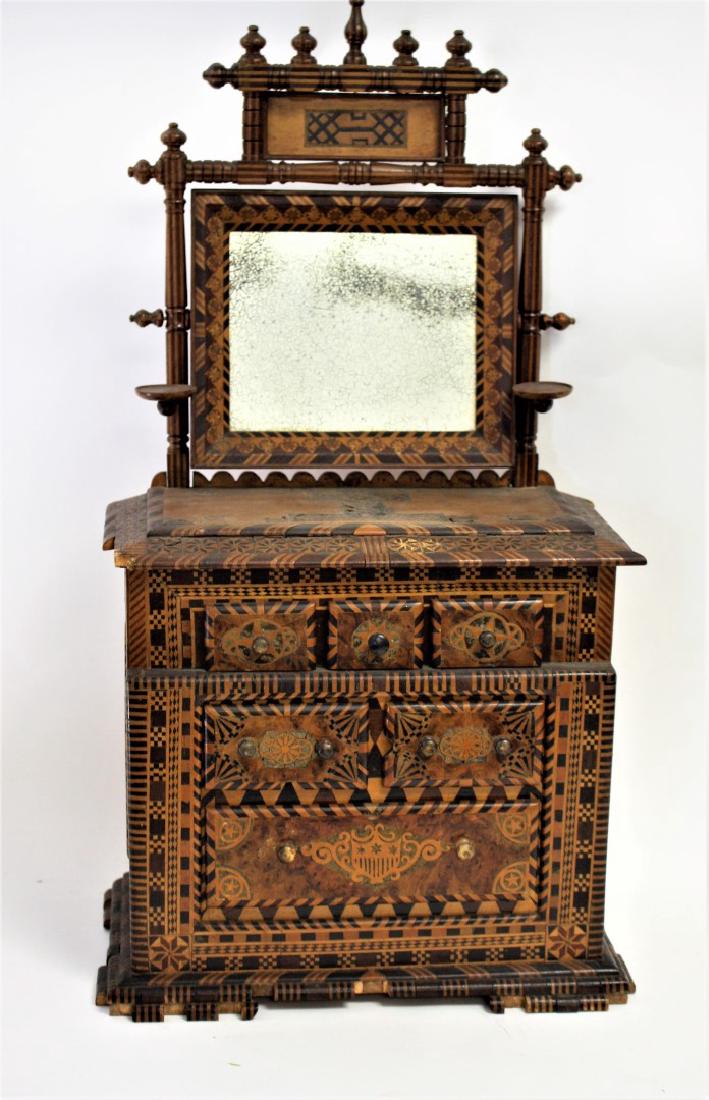 19thC. Tramp Art Miniature Inlaid Wood Dresser (1 of 10)
