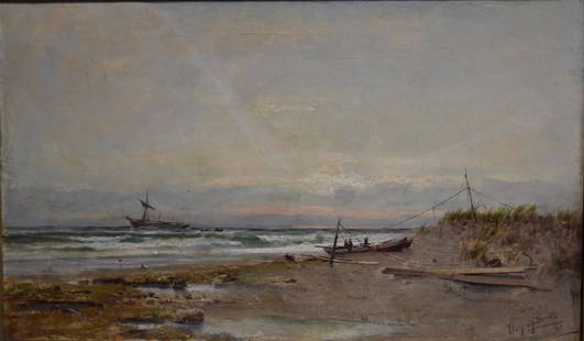 Prosper Louis Senat; 19thC. American Oil Painting: Oil on canvas. Along the Coast. Signed l.r. and dated 1886; 18in. X 30in.