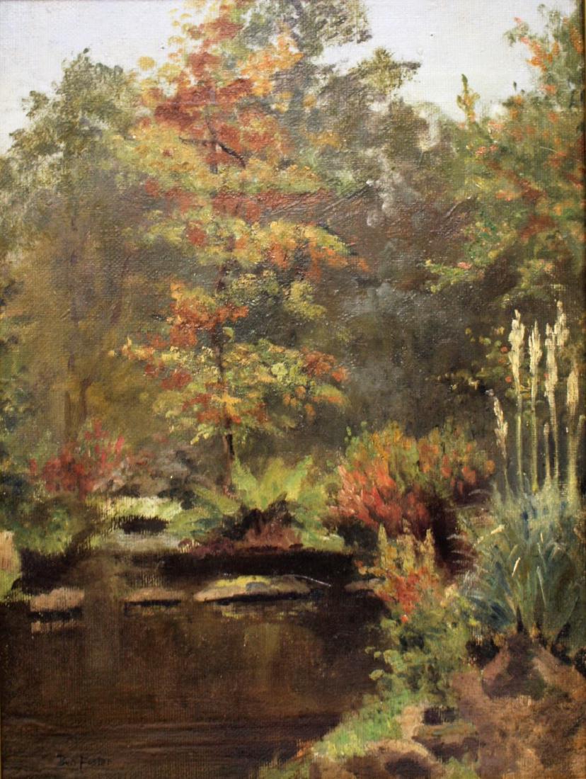Ben Foster; American Oil Landscape Signed: Oil on canvas. Autumn Landscape with Pond. Signed l.l.; 16.5in. X 12.5in.