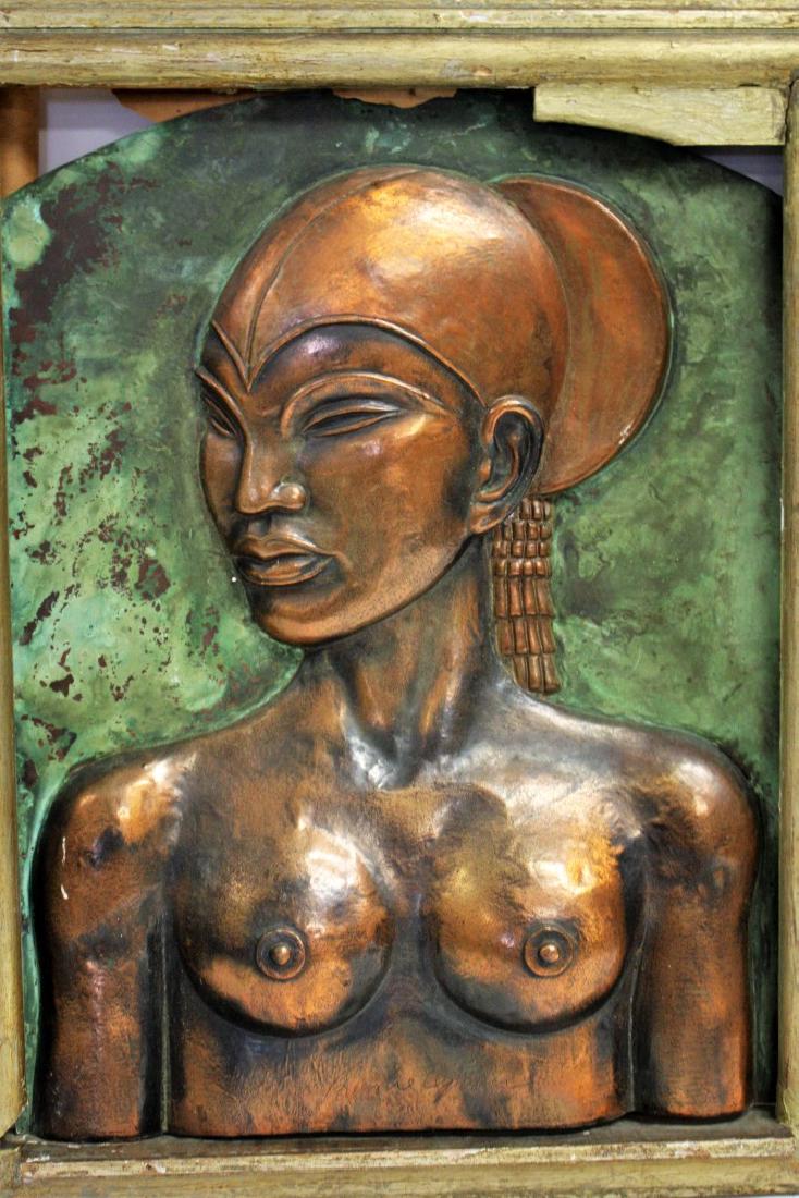 Bernie Cooper; Art Deco Copper Relief Plaque Signed: Copper relief plaque. Art Deco Nude Girl. Artist signed; 18.5in. X 14in.