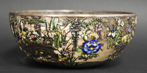 19thC. Japanese Enameled Silver and Glass Bowl