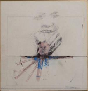 John Barnes Dobbs; 20thC. American Mixed Media Signed: Mixed media on board. Faces. Signed l.r. and dated '76. Information on reverse; 10.75in. X 10.5in.(image size)