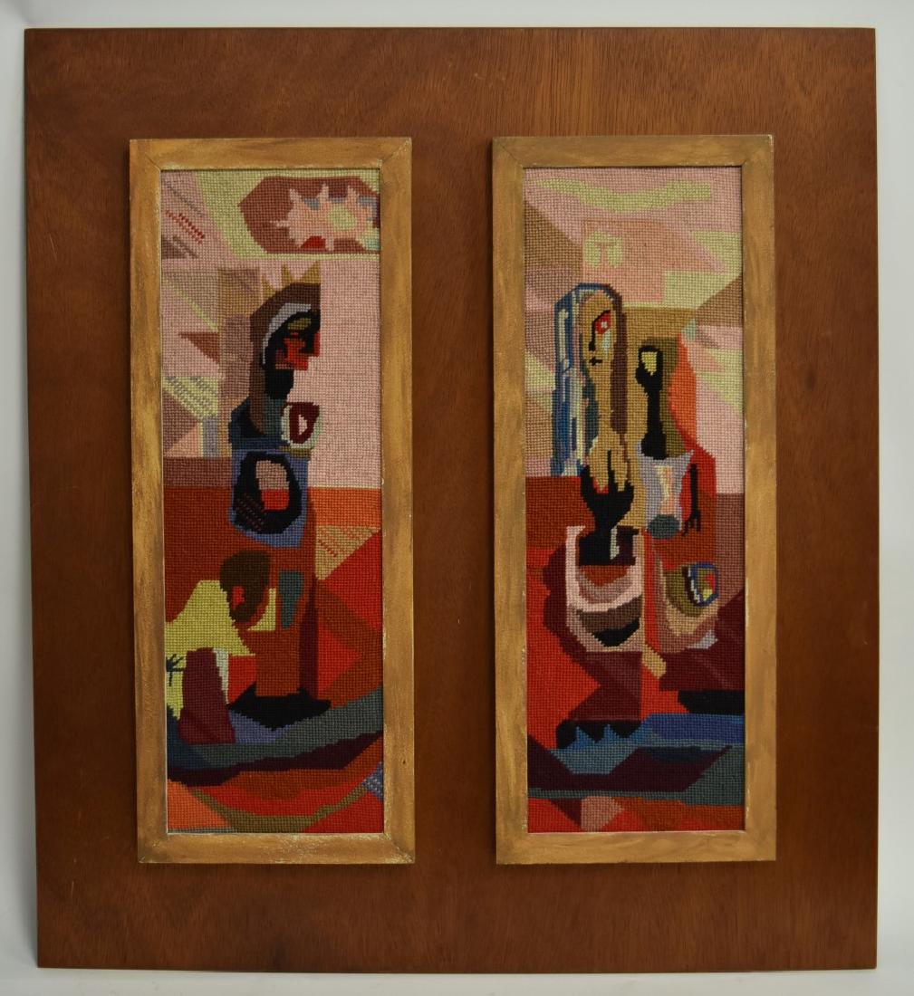 Mid Century Cubistic Needepoint Plaque: Double paneled needlepoint plaque. Cubistic Still Life Compositions; 32.5in. X 29in.(overall), 24.5in. X 9.5in.(each)