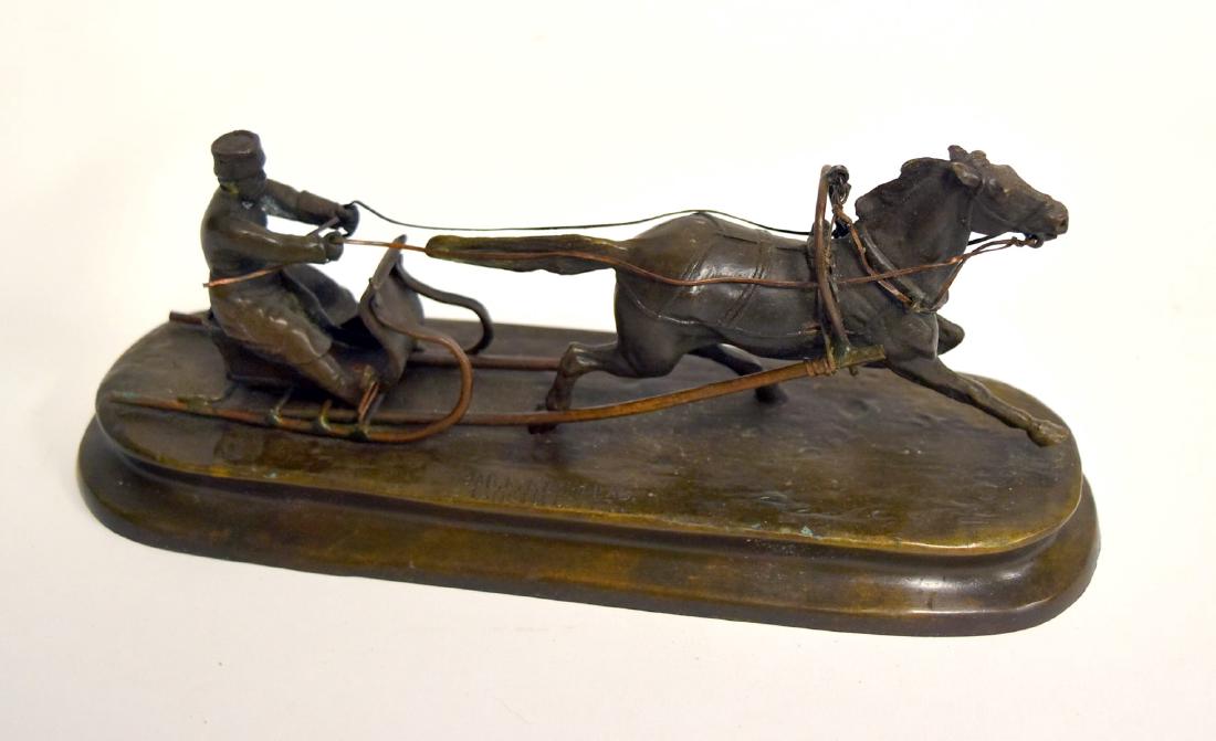 Vassili Grachev; Russian Bronze Grouping Signed: Bronze grouping. Cossack in Horse Drawn Sleigh. Inscribed; 4in.H. x 9in.W.