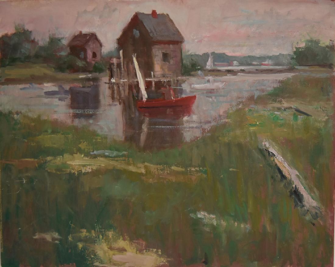 Harry Barton; 20thC. American Oil Painting Signed: Oil on board. Morning Harbor. Estate stamp on reverse; 16in. X 20in.