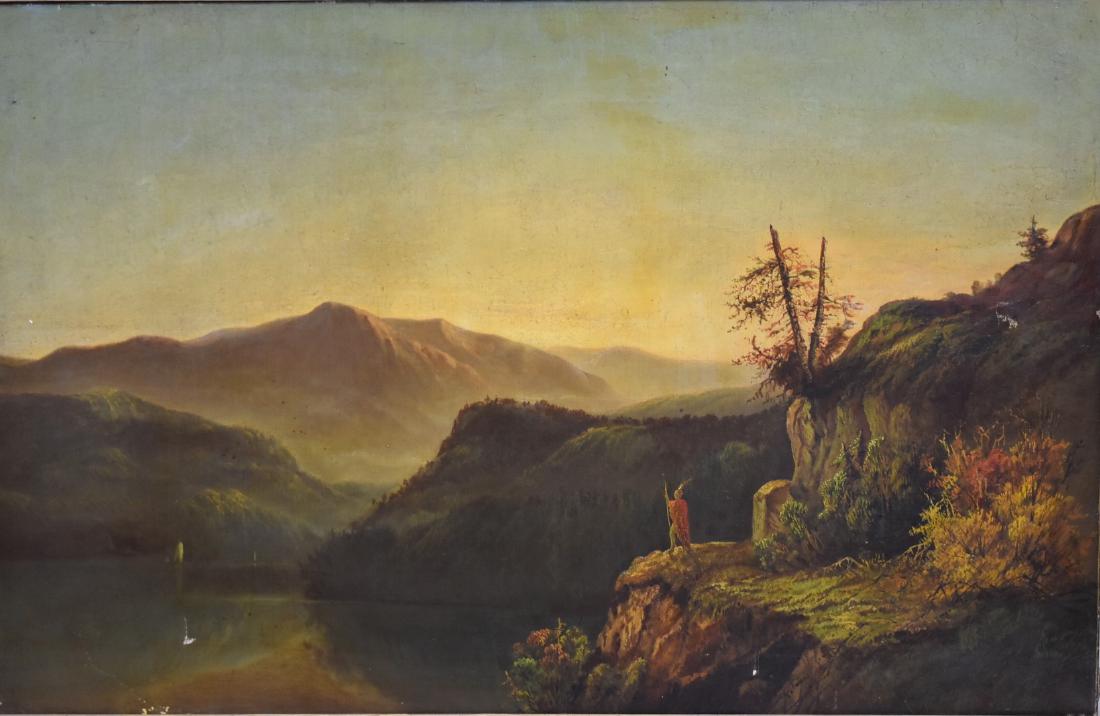 19thC. American School; Oil - Indian Scout on Ledge (1 of 10)