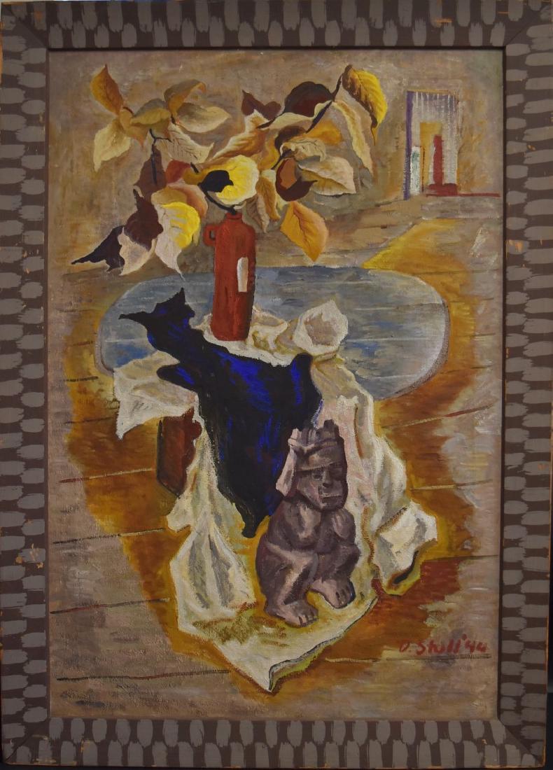 Jean DeForest Stull; 20thC. Modernist Oil Still Life: Oil on canvas. A Still Life - Composition with Flowers and Polynesian Statue. Signed l.r. and dated '44(1944). Original artist designed, carved and painted frme; 42in. X 28in.