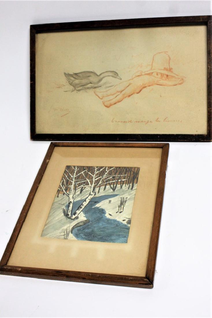 Two(2) Estate Works of Art: Including: two(2) watercolors. Boy and Duck. Birch Along a Stream; 6in. X 7in., 14in. X 9in.
