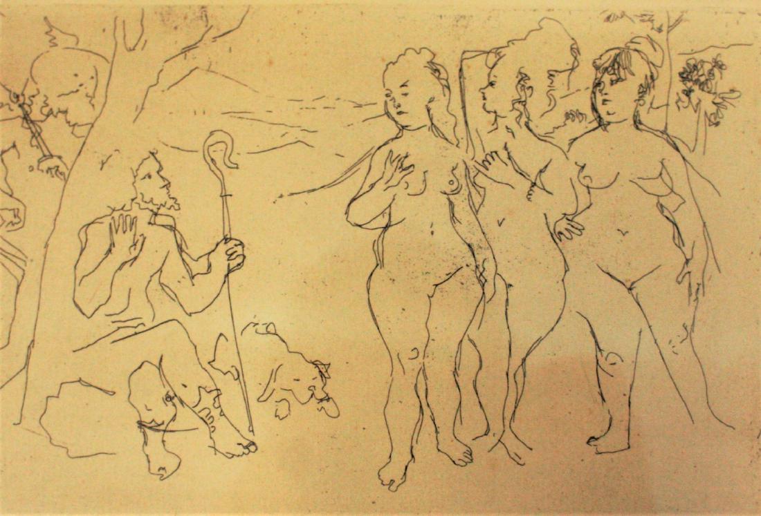 Jack Levine; American Etching Signed: Drypoint etching. Figures in a Landscape. Pencil signed and numbered 138/250. Well framed; 6in. X 8.75in.(image size)