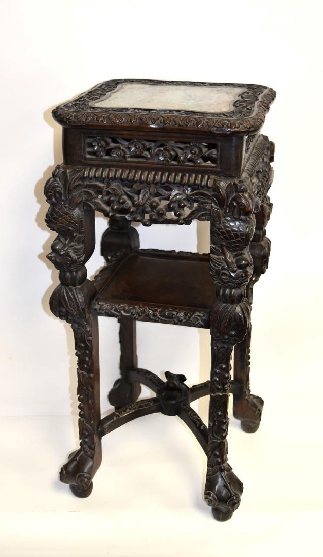 19thC. Chinese Heavily Carved Teakwood and Marble Stand (1 of 10)