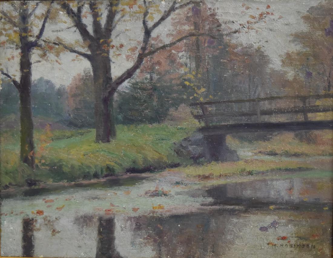 Theodore Robinson(attributed to); American Oil Signed: Oil on canvas. Bridge in Autumn. Signed l.r.; 10.5in. X 14in.