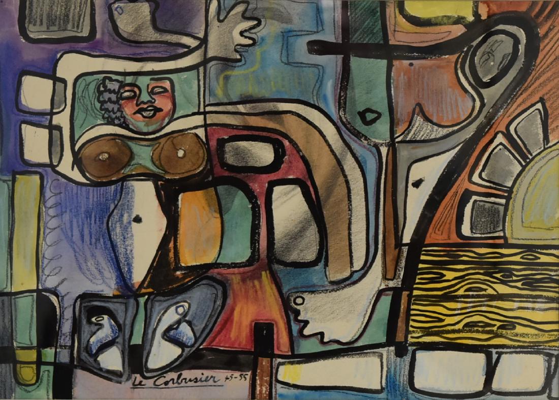 Le Corbusier; 20thC. French Watercolor Signed: Watercolor on paper. Composition with Nude. Signed l.l. and dated 45-55; 9in. X 12.75in.(image size)