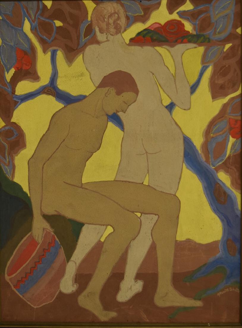 Antoinette Schulte; 20thC. American Illustration Signed: Gouache on board. Nude Figures in a Garden(Project Weir School 1923). Signed l.r. Having label affixed to reverse; 24in. X 18in.