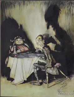 Arthur Rackham; 20thC. English Illustration Signed: Watercolor and ink on paper. The Evening Meal. Signed l.r.; 14in. X 11in.(image size)