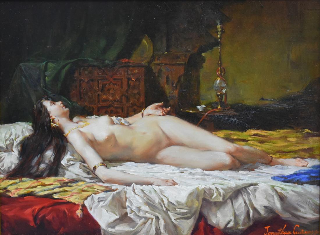 Jonathan Guiness; 20thC. English Oil Signed: Oil on panel. Interior Scene with Reclining Nude. Signed l.r.; 12in. X 16in.