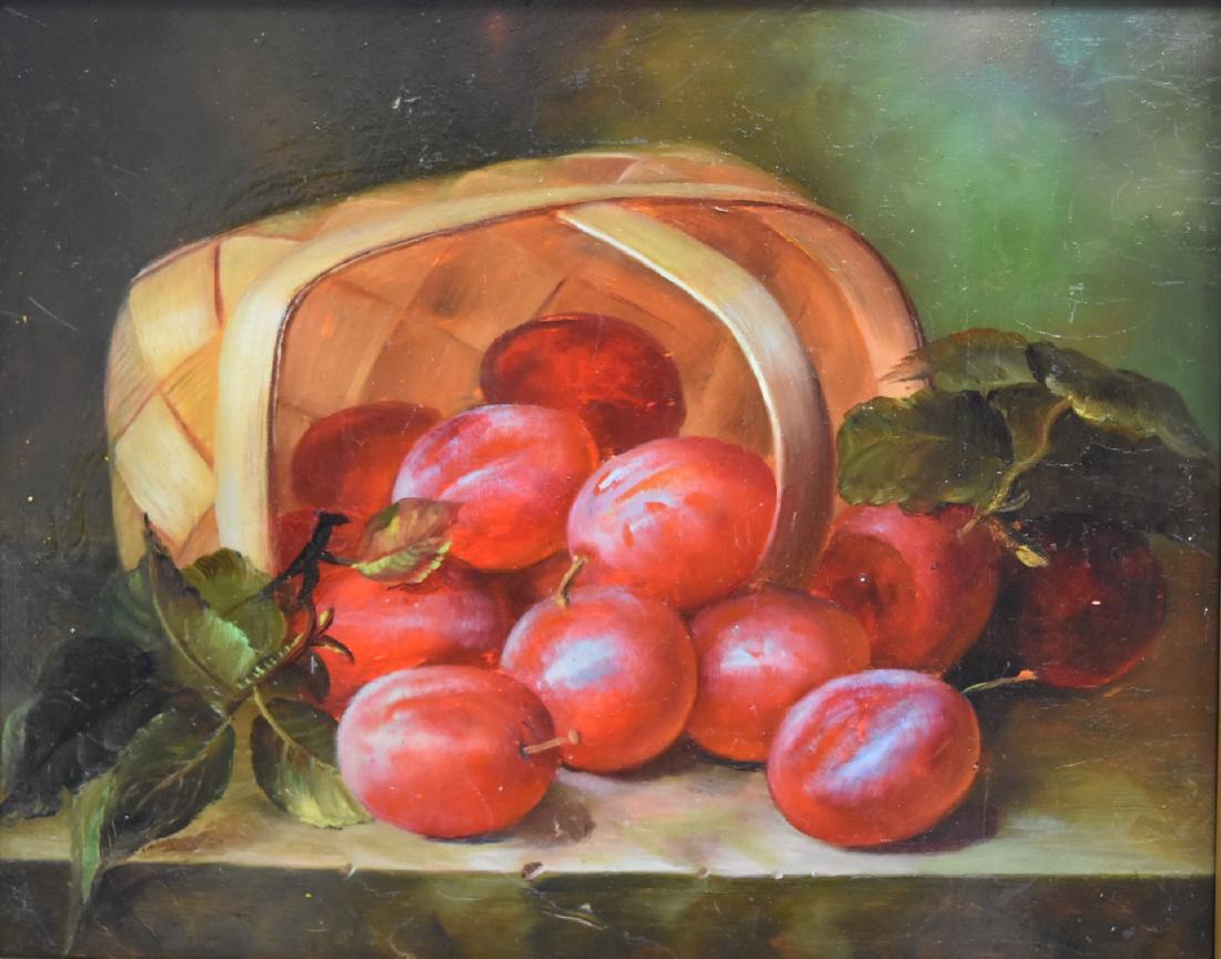 20thC. Continental School; Oil - Basket of Plums: Oil on wood panel. A Still Life - Basket of Plums; 8in. X 10in.