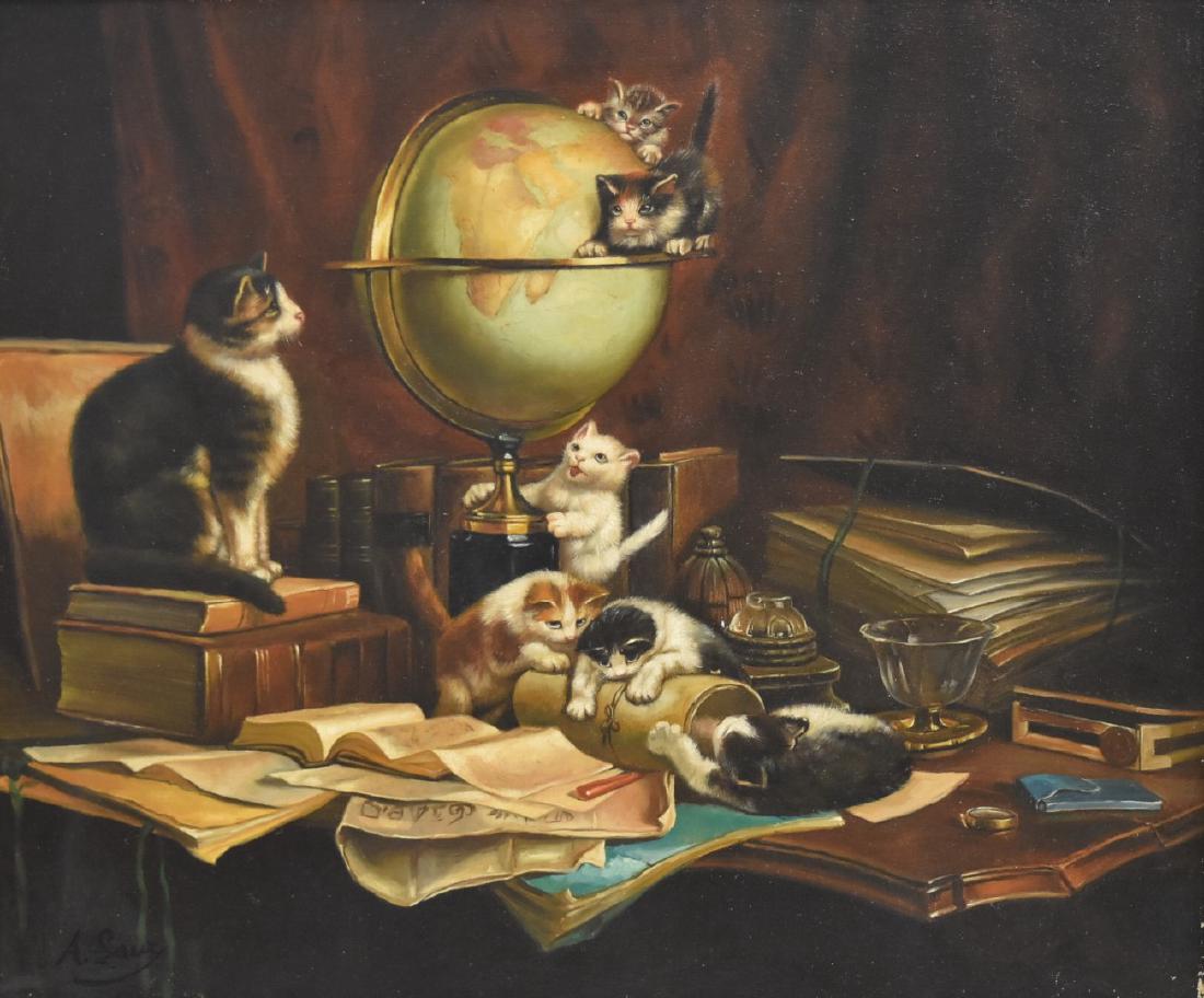 August Laux(after); 20thC. Oil - Mischievous Kittens: Oil on canvas. Mischievous Kittens. Bears signature A. Laux; 20in. X 24in.