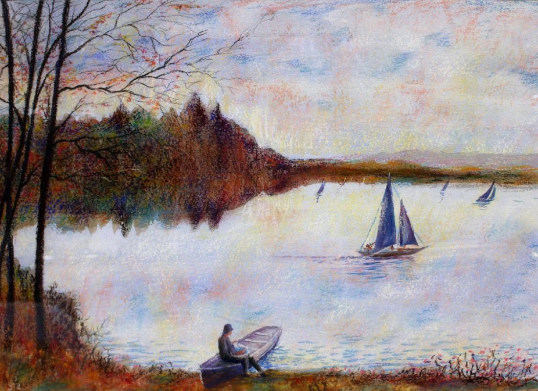 20thC. American Pastel Boats on a Lake Signed (1 of 5)