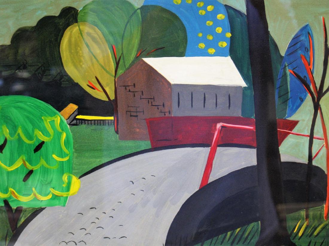 20thC. Modernist Gouache - House in a Landscape (1 of 3)
