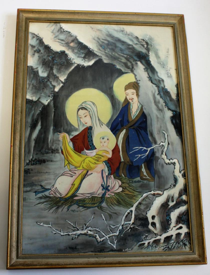 Japanese Painting on Silk: Watercolor on silk. Family in a Cove. Unsigned; 19in. X 12.5in.(image size). Please note: work was painted by Japanese Christian Nuns following WWII to raise money for war victims