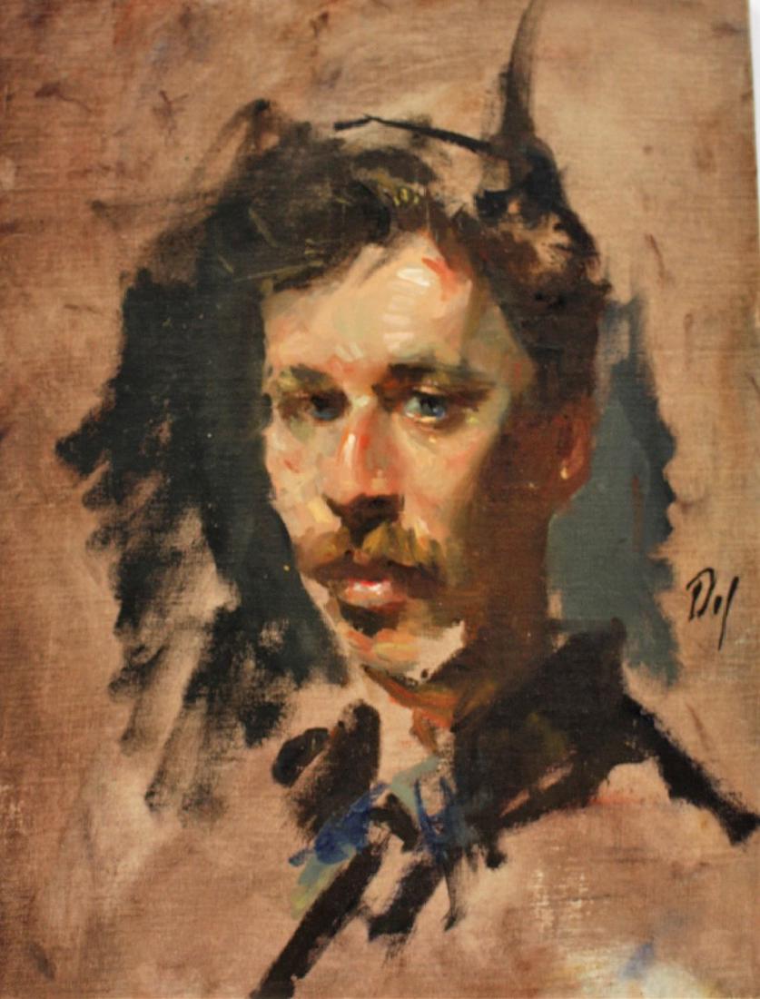 Frank Duveneck(attributed to); Oil Portrait Signed: Oil on board. Portrait of a Man with Mustache. Attributed to Frank Duveneck. Signed with monogram c.r.; 16in. X 12in.