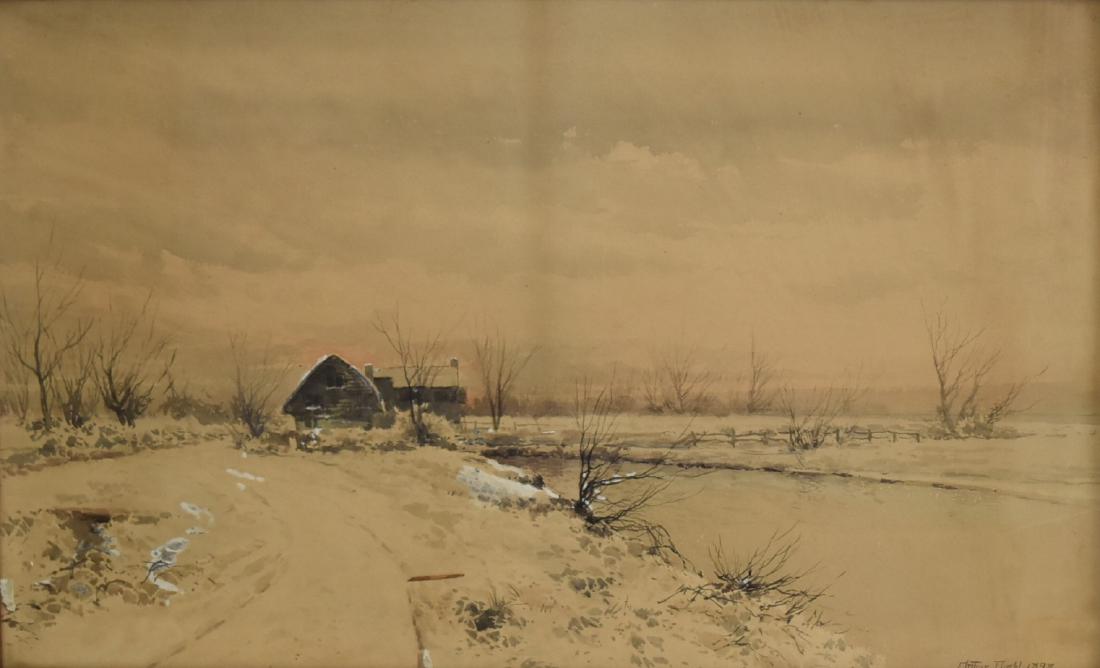 Arthur Diehl; 19thC. American Watercolor Signed: Watercolor on paper. Cottage Along the River. Signed l.r. and dated 1898; 14in. X 22.5in.(image size)