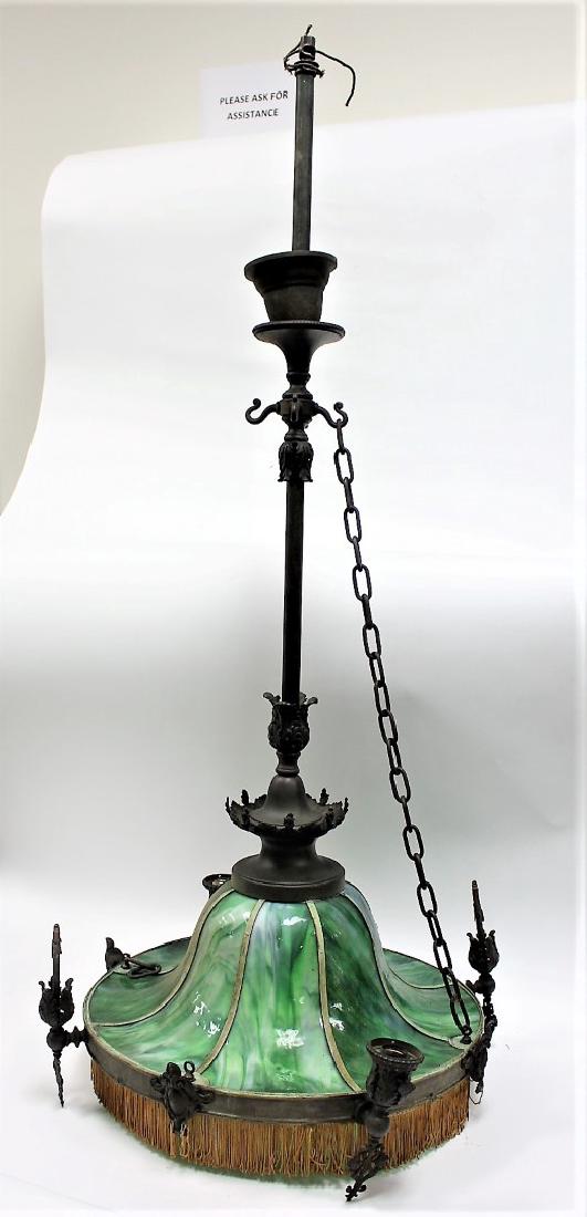 Arts & Crafts Slag Glass Hanging Fixture: Bronzed hanging fixture. Eight(8) curved slag glass panels; 56in.H. x 22in.D.