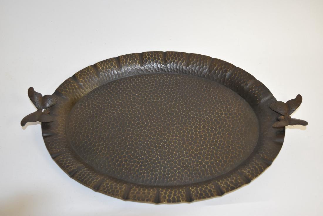 Edgar Brandt Hammered Copper Tray: Hand hammer copper tray. Butterfly decoration. Stamped E. Brandt France; 2in.H. x 18in.L. x 12in.W.