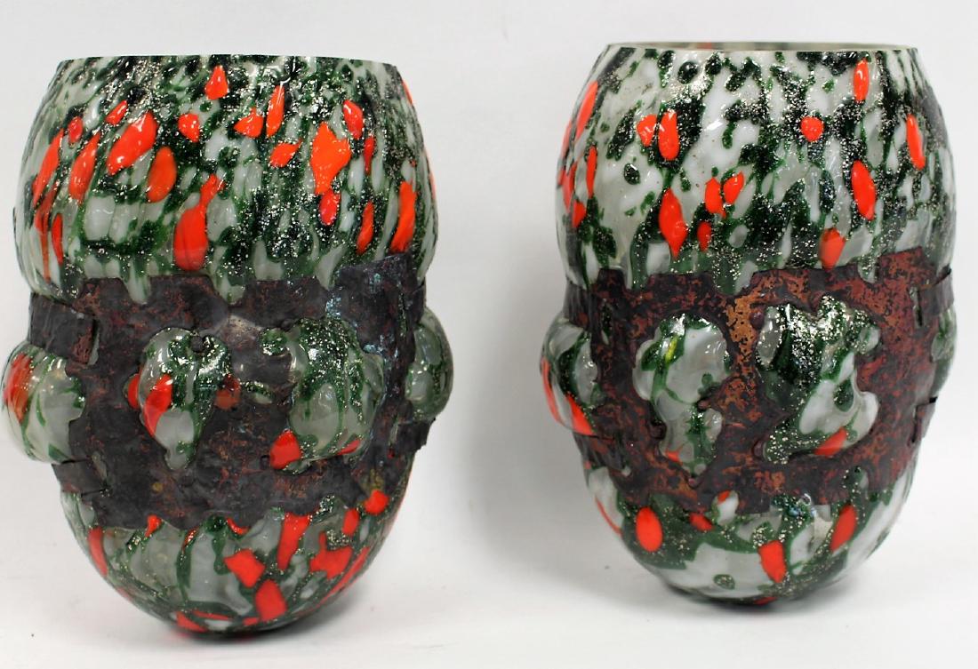 Pair of French Art Deco Art Glass Vases: Pair of unusual French art glass vases. Lava design with encased copper metalwork; 8.5in.H. x 6in.W.