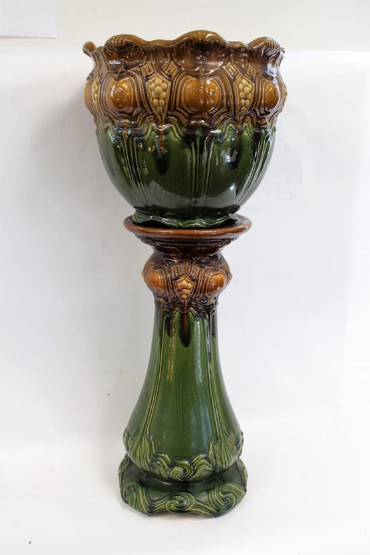 Majolica Art Nouveau Pottery Jardiniere and Pedestal