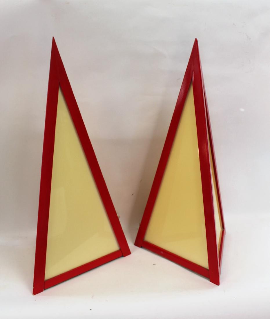 Pair of Zicoli Mid Century Pryamid Lamps: Pair of red lacquered and plexiglass pyramid lamps. Manufactured in West Germany for Zicoli Lighting; 25.5in.H. x 13in.W.