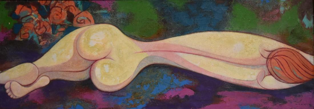 Sam Norkin; 20thC. American Oil - Reclining Nude Signed: Oil on canvas. Reclining Nude. Signed l.r. and inscribed on reverse; 14in. X 40in.