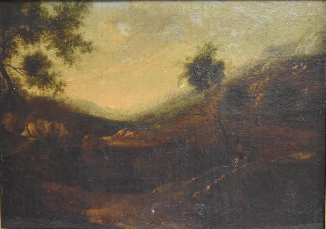 Salvator Rosa(circle of); 17thC. Italian Oil Landscape: Oil on canvas. Mountaineous Valley Landscape with figure and burro. Circle of Salvator Rosa; 19in. X 26.5in.