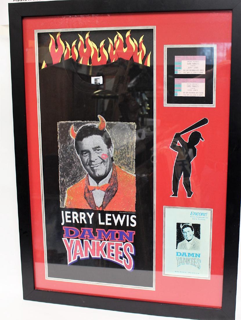 Jerry Lewis Damn Yankees Framed Montage: Framed montage for 1996 Damn Yankees production starring Jerry Lewis. Consisting of a tee shirt, playbill and two(2) tickets. Handsomely framed and matted; 37in. X 26.75in.(overall size)