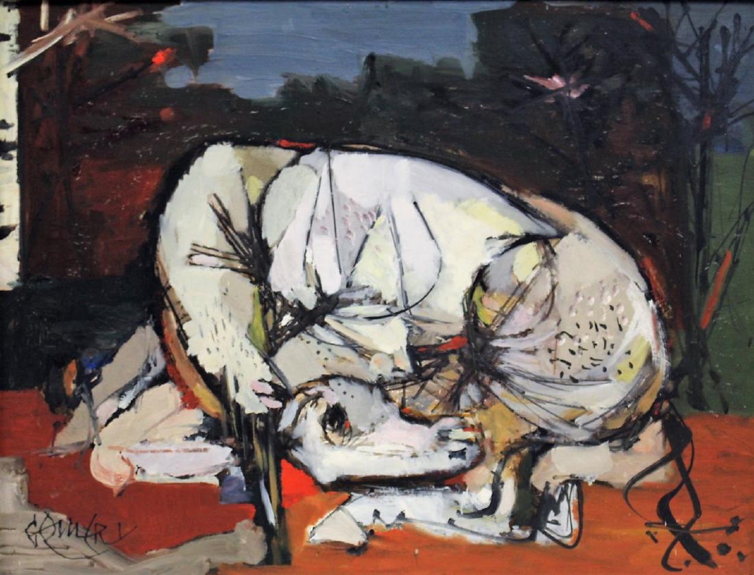 Emeric Gomery; 20thC. French Oil Signed: Oil on masonite. Cheval Blesse. Signed l.l. Inscribed on reverse; 20in. X 25.5in.