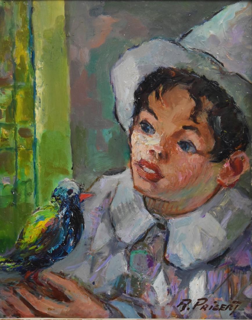 Raphael Pricrt; 20thC. French Oil Signed: Oil on board. Portrait of a young boy with bird. Signed l.r.; 10.75in. X 8.75in.
