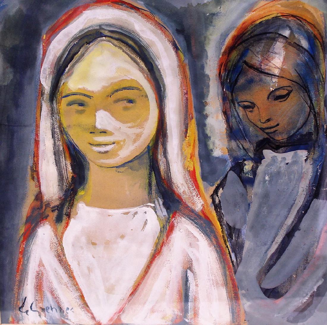20thC. Gouache - Two Women Signed (1 of 5)